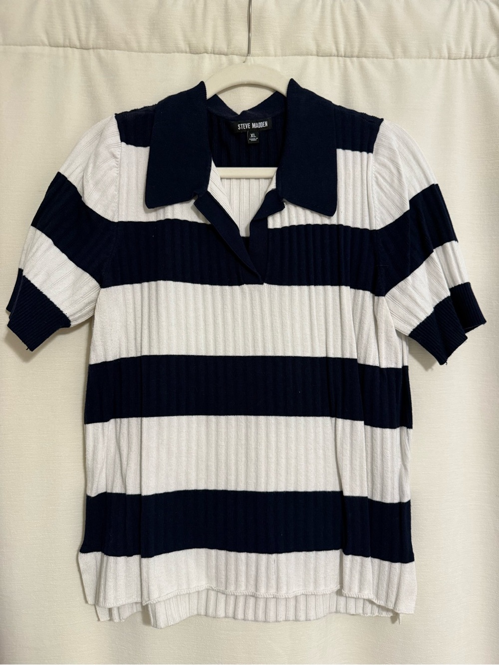 Steve Madden Navy & White Ribbed Short Sleeve Polo